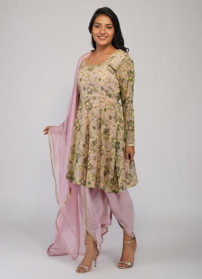 Buy Peach Printed Georgette Indian Suit with Tulip Pant & Dupatta