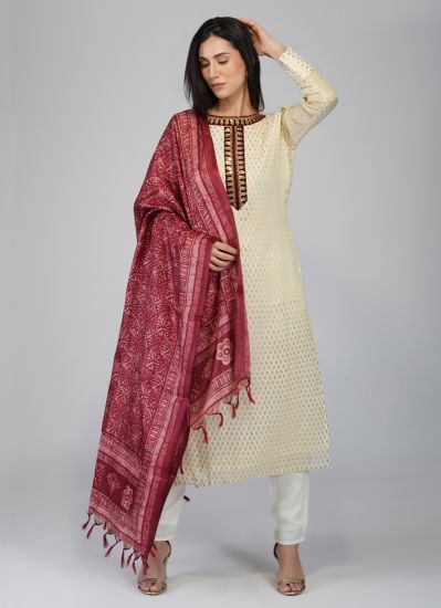 Buy Cream Lurex Indian Suit with Trouser & Dupatta