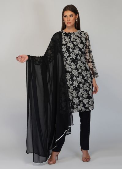 Buy Black Georgette Floral Printed Indian Suit With Trouser & Dupatta