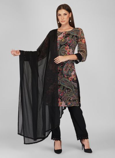 Buy Black Georgette Paisley Printed Indian Suit With Trouser & Dupatta