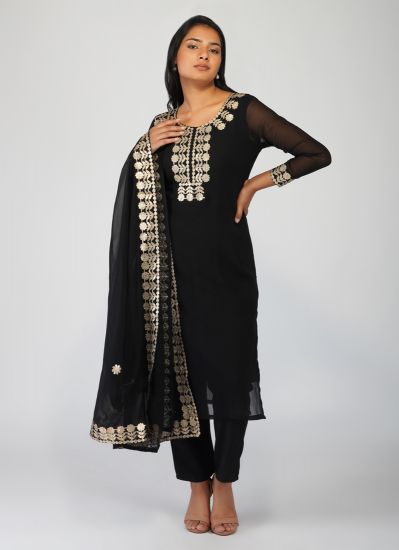 Buy Black Georgette Gold Indian Suit with Trouser & Dupatta