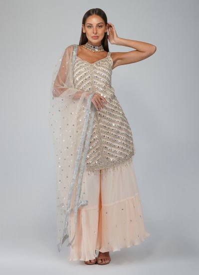 Buy Peach Georgette Fully Mirror Indian Suit With Gharara & Dupatta
