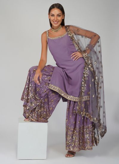 Buy Purple Georgette Sequins Indian Suit With Gharara & Dupatta