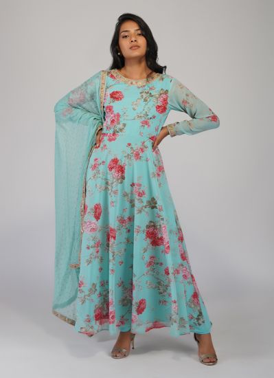 Buy Blue Georgette Indian Suit with Trouser & Dupatta