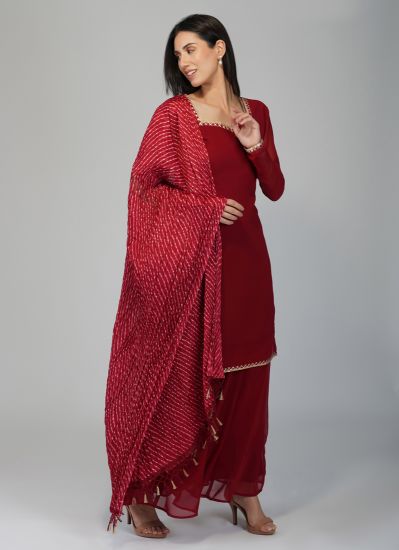 Buy Maroon Georgette Indian Suit with Sharara & Dupatta