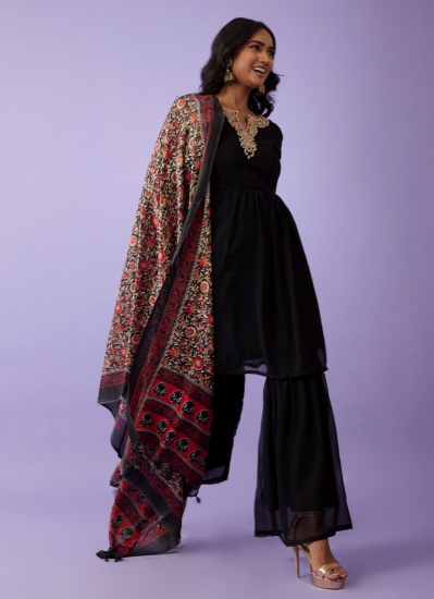 Buy Black georgette Peplum Style Gharara Suit Set