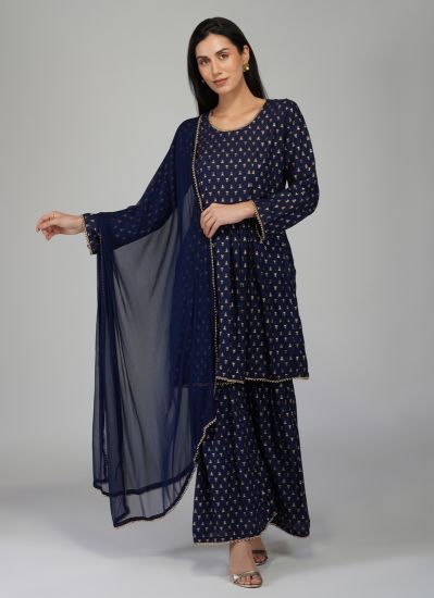 Buy Navy Blue Rayon Peplum Gharara Suit with Gharara & Dupatta