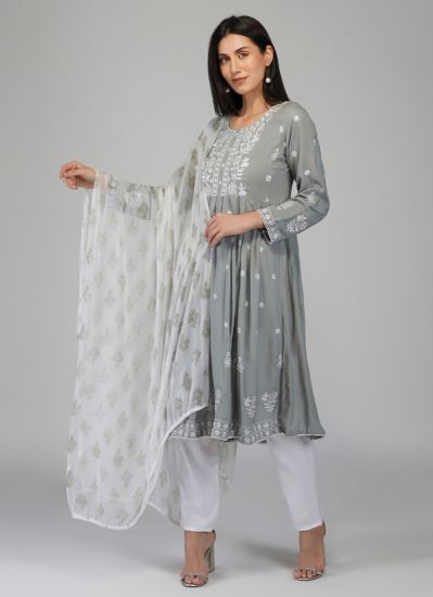 Buy Grey Rayon Indian Suit with Churidaar & Dupatta