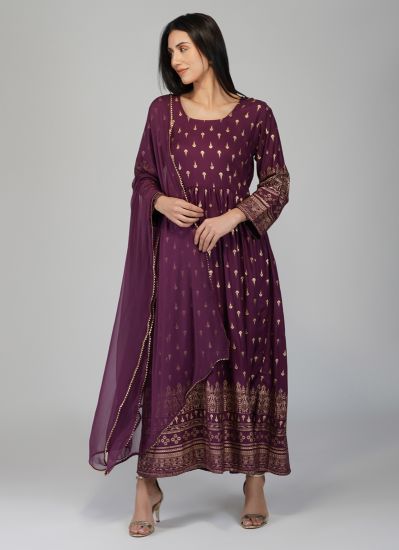 Buy Wine Rayon Foil  Printed Indiann Suit with Trouser & Dupatta