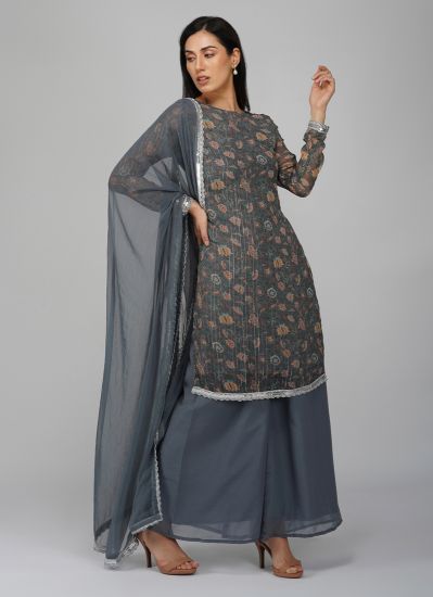 Buy Grey Lurex Floral Indian Suit with Palazzo & Dupatta