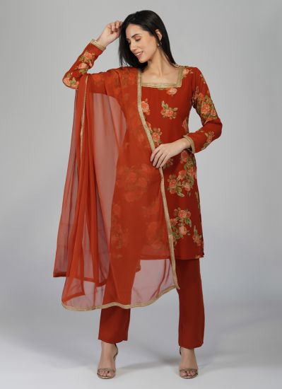 Buy Rust Georgette Indian Suit with Palazzo & Dupatta