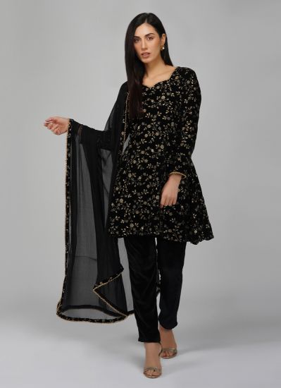 Buy Black Velvet Indian Suit with Trouser & Dupatta
