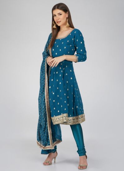 Buy Teal Georgettee Embroidered Peplum Style Churidaar Suit Set