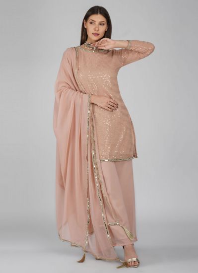 Buy Pink Georgette Embroidered Shift Style Palazzo Suit Set