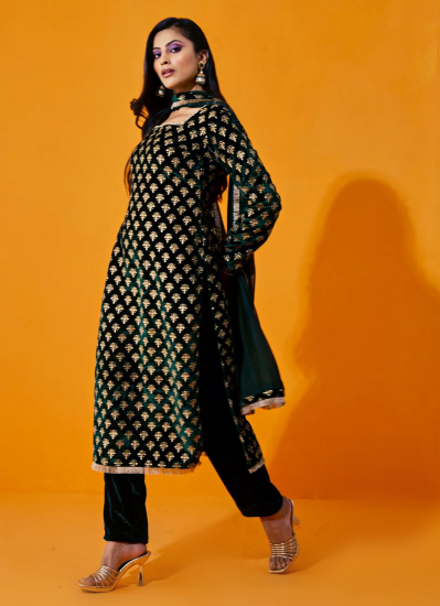 Buy Dark Green Velvet Straight Cut Dupatta Suit Set