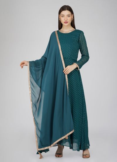Buy Green Georgette Dobby Bias Cut Churidaar Suit Set