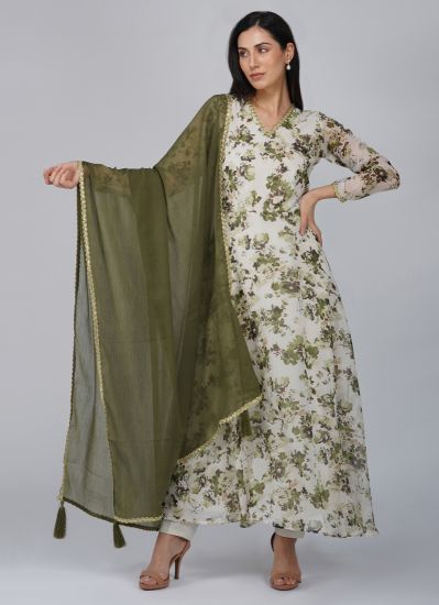 Buy Cream Georgette Indian Suit with Trouser & Dupatta