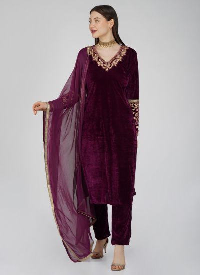 Buy Wine Velvet Straight Cut Trouser Suit Set