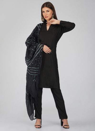 Buy Black Rayon Shift Style Bandhani Dupatta Trouser Suit Set in UK ...