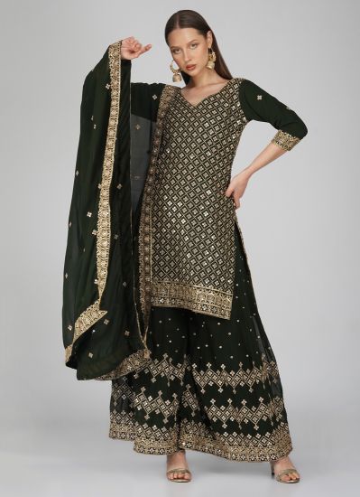 Buy Green Georgette Embroidered Shift Style Gharara Suit Set