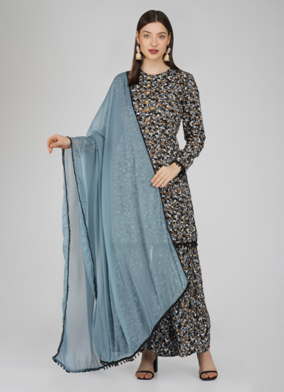 Black Rayon Printed Peplum Style Suit Set