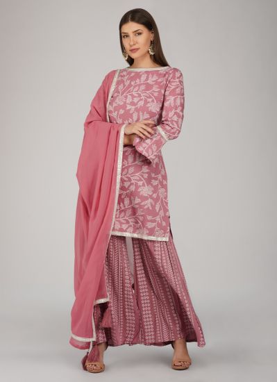Buy Pink Rayon Indian Suit with Gharara & Dupatta




















