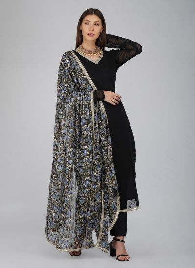Black Georgette Dobby Straight Cut Printed Dupatta Suit Set