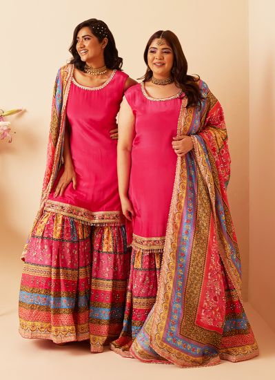 Buy Pink Crepe Shift Style Multi Colour Gharara Suit Set