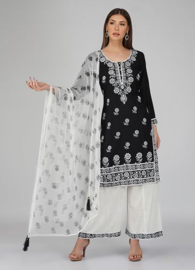 Black Rayon Chikankari Embroidered  Suit Set