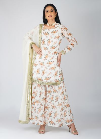 Buy White Floral Printed Georgette Suit Set