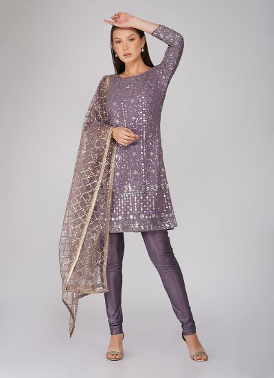 Buy Lavender Sequin Embroidered Straight Suit