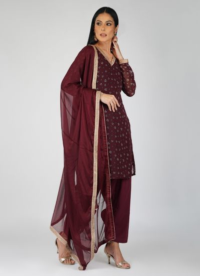 Maroon Floral Printed Georgette Salwar Suit Set