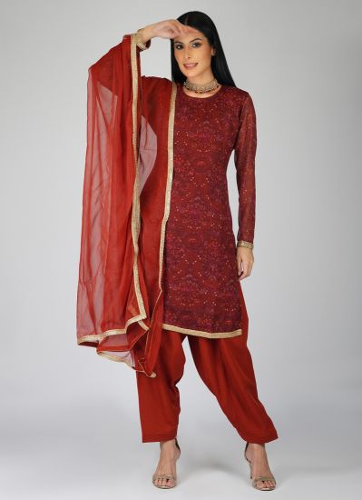 Maroon Printed Georgette Salwar Suit Set