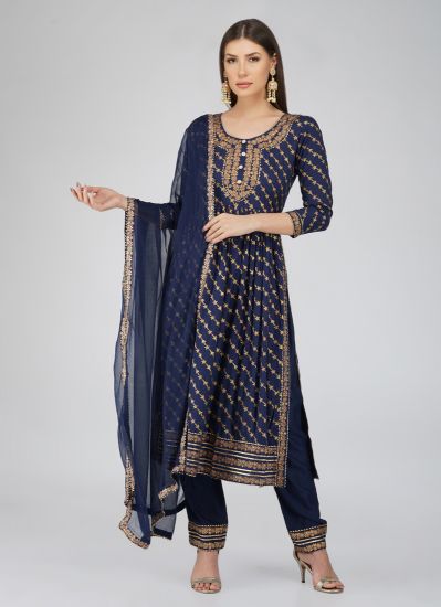 Blue Foil Printed Rayon Naira Cut Suit Set