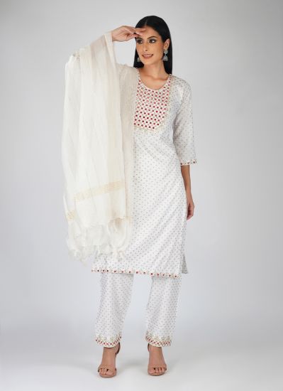 White Cotton Zari Embroidered Suit Set