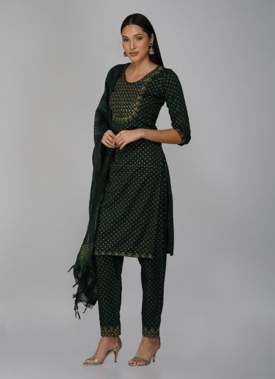 Buy Dark Green Gold Zari Embroidered Suit Set