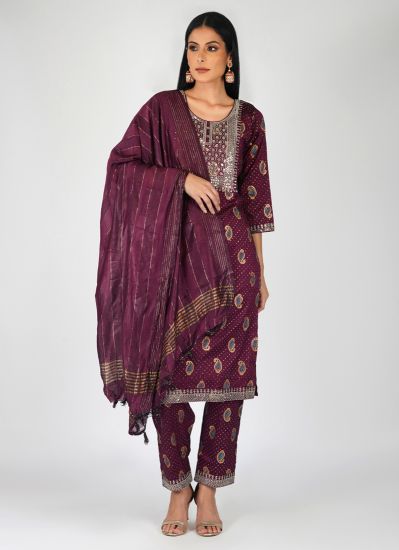 Buy Wine Silver Zari Embroidered Suit Set