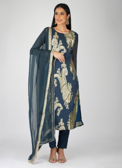 Buy Blue Georgette Jacqaurd Straight Cut Suit Set