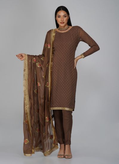 Buy Brown Georgette Lurex Embroidered Dupatta Suit Set