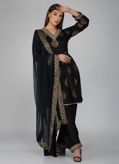 Buy Navy Blue Rayon Indian Suit with Trouser & Dupatta