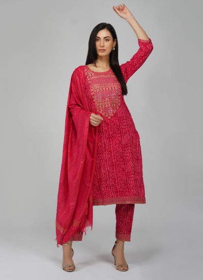 Pink Cotton Bandhani Printed Embroidered Suit Set