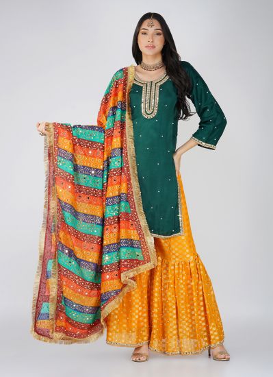 Buy Green Silk Top Multicoloured Embroidered Dupatta Suit Set