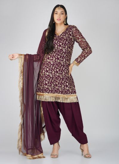 Buy Wine Georgette Foil Embroidered Patiala Suit Set