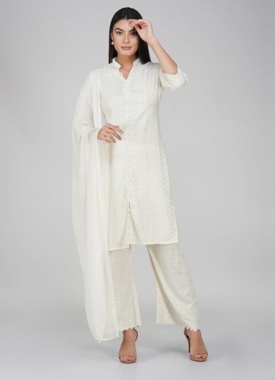 Buy Off-White Chikankari All Over Embroidered Palazzo Suit Set