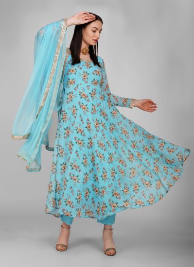 Buy Blue Georgette Embroidered Trouser Suit Set