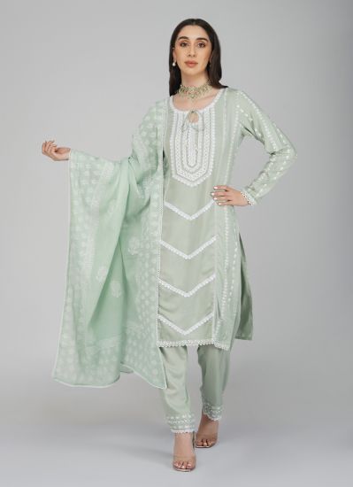 Mint Green Rayon All Over Embroidered Trouser Suit Set