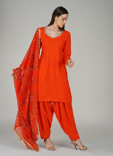 Orange Crepe Printed Salwar Suit