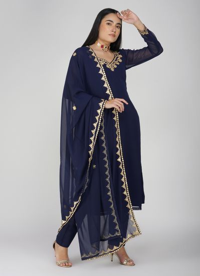 Buy Navy Blue Georgette Straight Cut Palazzo Suit