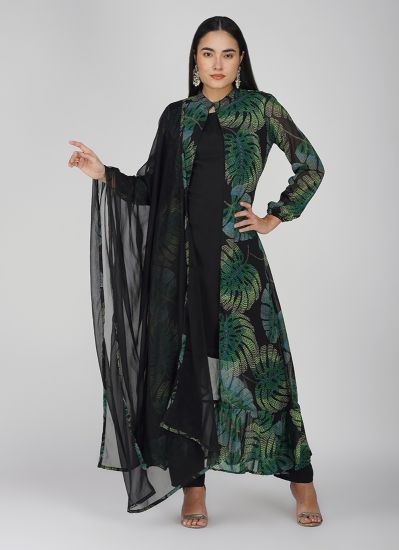 Black- Green Georgette Printed Jacket Style Suit Set