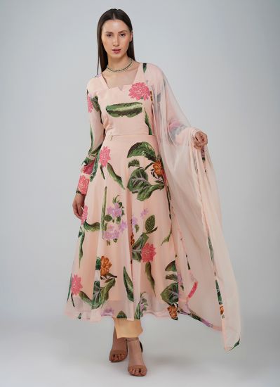 Cream Georgette Bias Cut Floral Suit Set